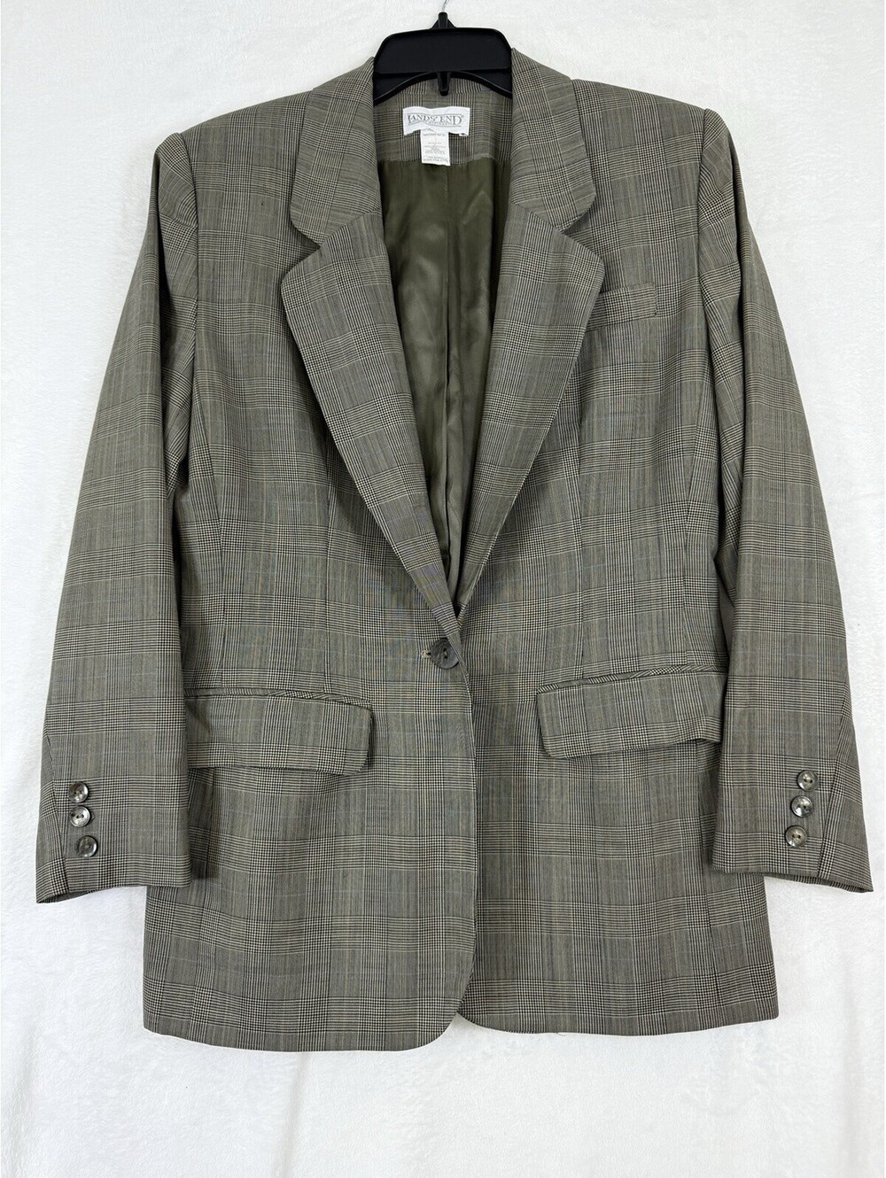 Vintage Lands End Size 6 Blazer Women 90s Tan Plaid Jacket Worsted Wool Made USA